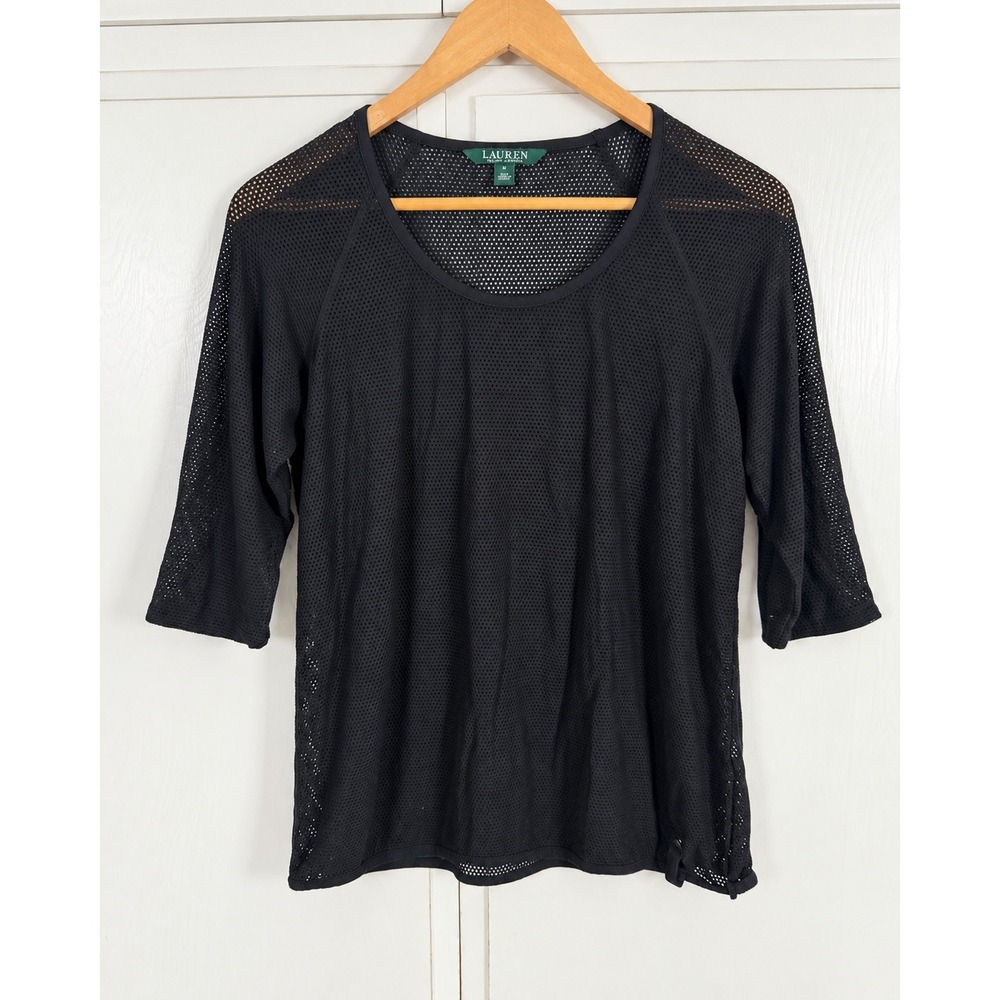 Lauren Ralph Lauren Black Mesh Scoop Neck 3/4 Sleeve Top Medium